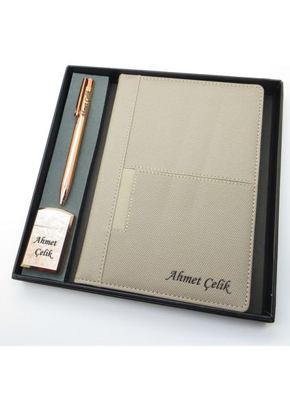 Signator® Codex | N280 Kişiye Özel Defterli Set - Isme Özel Rose Gold Kalem + Isme Özel Bej Defter + Isme Özel Rose Gold Çakmak| Isme Özel Kutusunda Hediyelik Set