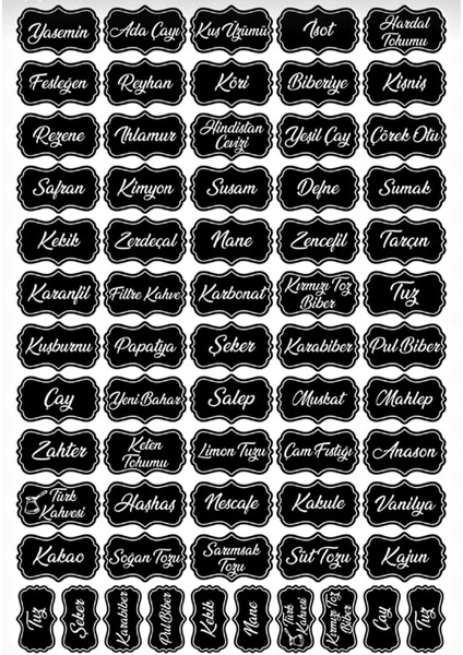 Siyah 107 Adet Baharat ve Bakliyat Kavanoz Sticker Etiketi, şık ve kullanışlı set