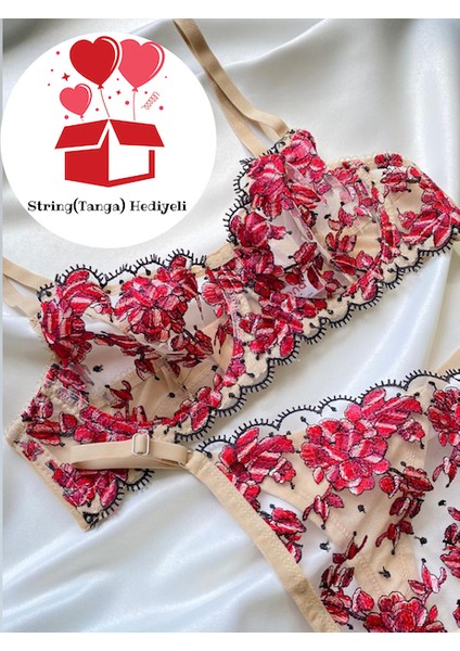 HEDİYELİ+ Bej Nude Ten Rengi Çiçek Desenli Balenli Brode Sütyen & Tanga String Iç Çamaşır Takım