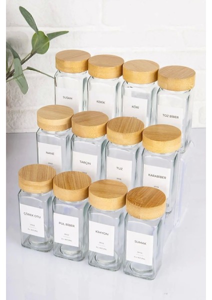 12'li Bambu Baharatlık Seti, Kapaklı, Cam, Etiketli, Şık ve Pratik Tasarım, 125 ml
