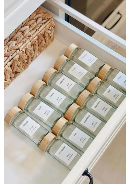 12'li Bambu Baharatlık Seti, Kapaklı, Cam, Etiketli, Şık ve Pratik Tasarım, 125 ml