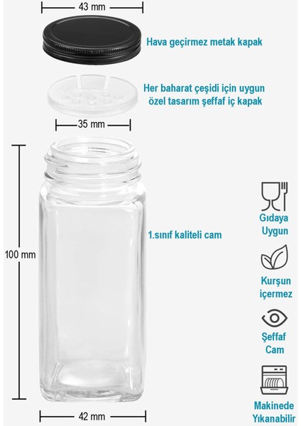 24'lü Siyah Pleksi Baharatlık Seti, Huni ve Fırça ile, 120 ml, şık tasarım