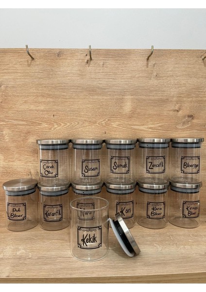 12'li Paslanmaz Çelik Kapaklı Borosilikat Cam Baharatlık Seti 200 ml