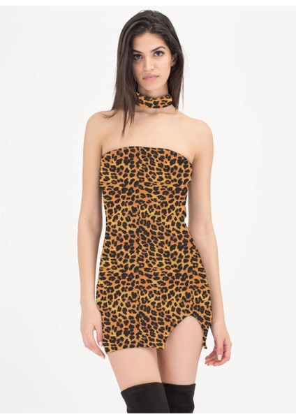B101427 Leopar Desenli Elbise