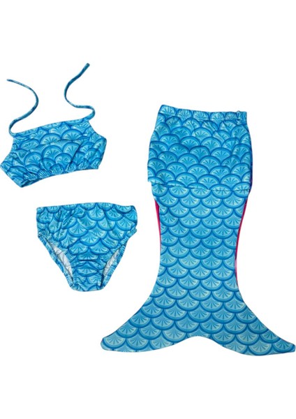 Kız Çocuk Mavi Renk Deniz Kızı Kostümlü 3'lü Bikini Seti