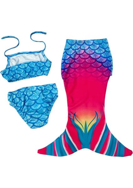 Kız Çocuk Mavi Renk Deniz Kızı Kostümlü 3'lü Bikini Seti modelleri