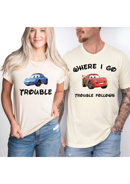 Arabalar Temalı Trouble Tişörtü | Çift Kombin Tişörtü | Sevgililer Günü Hediyesi