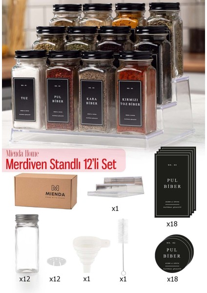 12'li şeffaf cam baharatlık seti, hediye fırça ve huni ile, şık tasarım, 120 ml