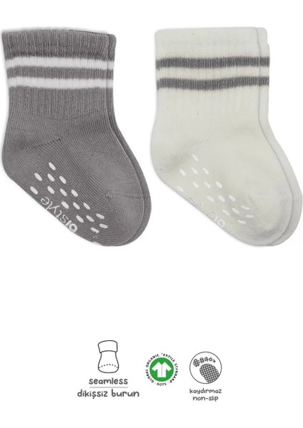 Çemberli Kaymaz Soket Çorap 2'li Gri Ekru
