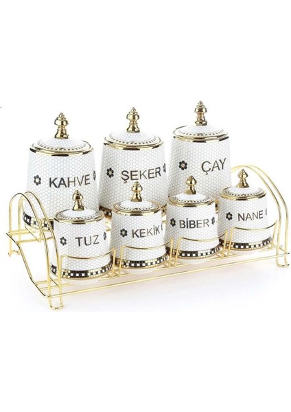 Şık metal standlı petek desenli porselen baharat seti, mutfağınıza zarif dokunuş, 7 parça