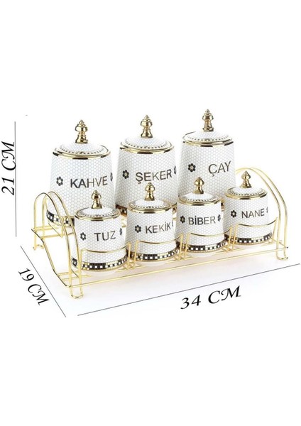 Şık metal standlı petek desenli porselen baharat seti, mutfağınıza zarif dokunuş, 7 parça fiyatları