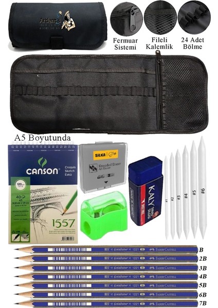 A5 Telli Eskiz Defteri Canson 1557 Spiralli Karakalem Rulo Kalemlik Siyah 24 Bölmeli Dereceli Kalem Gölgeleme Dağıtma