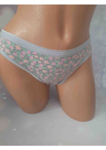 Gri Pembe Çiçek Desenli %60 Polyester %34 Pamuk Cotton %6 Elastan Tutku Kalitesiyle Rahat Kadın Külot