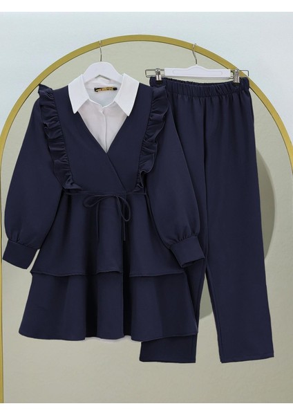Önü Fırfırlı Bağcıklı Eteği Katlı Pantolonlu Kimono Takım
