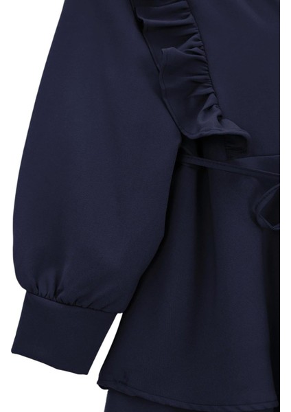 Önü Fırfırlı Bağcıklı Eteği Katlı Pantolonlu Kimono Takım