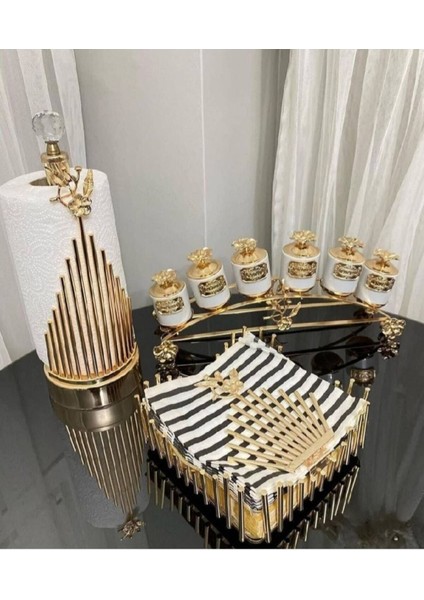 Yatay 6'lı Baharat ve Peçetelik Takımı, şık ve kullanışlı ev aksesuarı, 6 parça