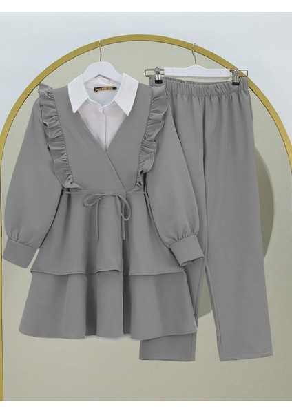 Önü Fırfırlı Bağcıklı Eteği Katlı Pantolonlu Kimono Takım