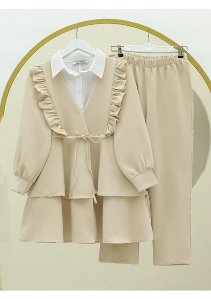 Önü Fırfırlı Bağcıklı Eteği Katlı Pantolonlu Kimono Takım