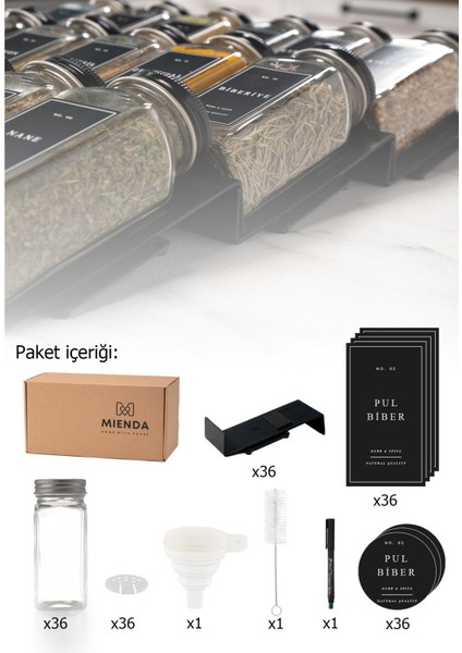 Şık 36'lı Siyah Pleksi Baharatlık Seti, Huni, Fırça ve Kalem Hediyeli, 120 ml