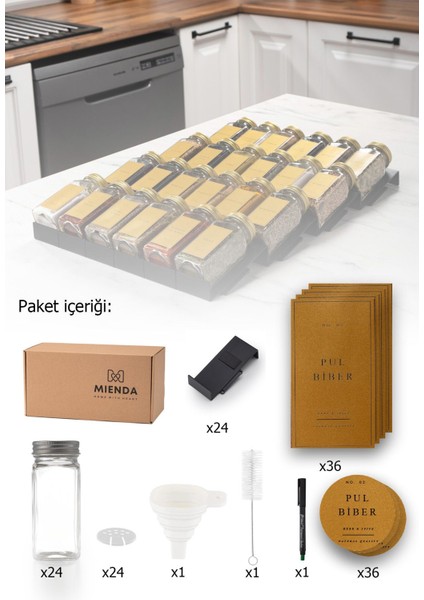 24'lü Siyah Pleksi Baharatlık Seti, Hediye Kalem, Huni ve Fırça ile 120 ml, şık tasarım