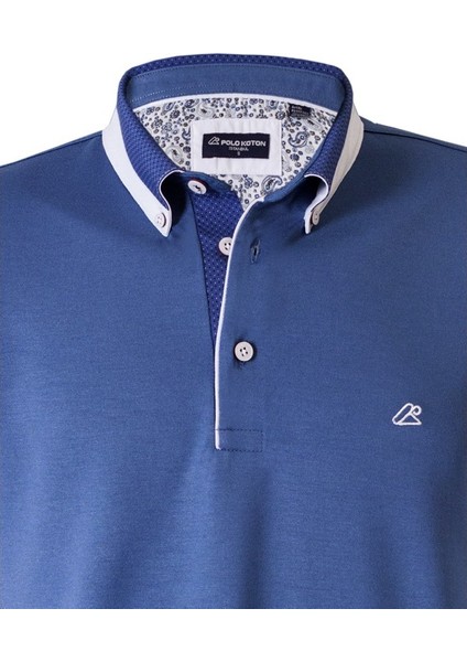 Mavi Erkek Polo Yaka Kısa Kollu T-Shirt – Beyaz Detaylı Modern Tasarım