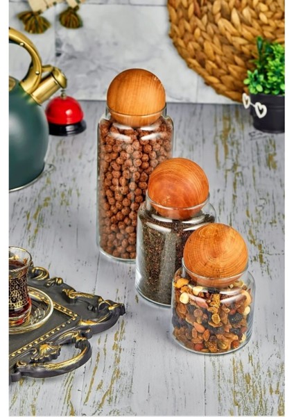 3'lü Ahşap Top Kapaklı Cam Kavanoz Seti, Saklama ve Şekerlik İçin, 500 ml, Şık Tasarım