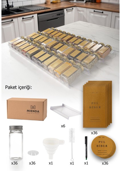 Şeffaf Pleksi Baharatlık Seti, Gold Etiket, Fırça, Huni, Kalem, Hediye, 120 ml, 36 Parça