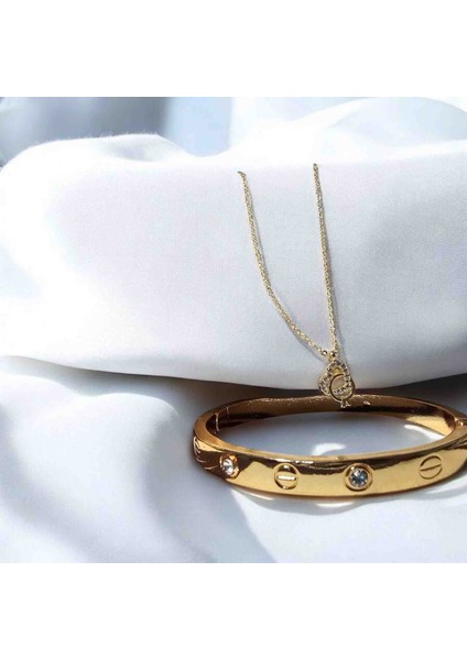 Gold Vidalı Bileklik & Kalp Taşlı Kolye Seti - Kadın Takı Kombini fiyatları