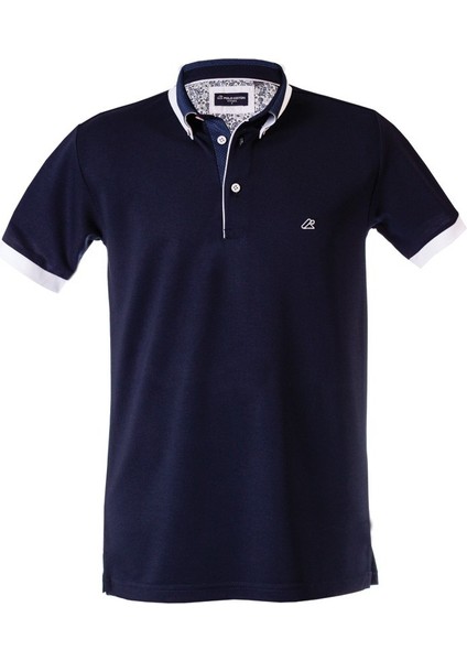 Lacivert Erkek Polo Yaka Kısa Kollu T-Shirt – Beyaz Detaylı Şık Tasarım