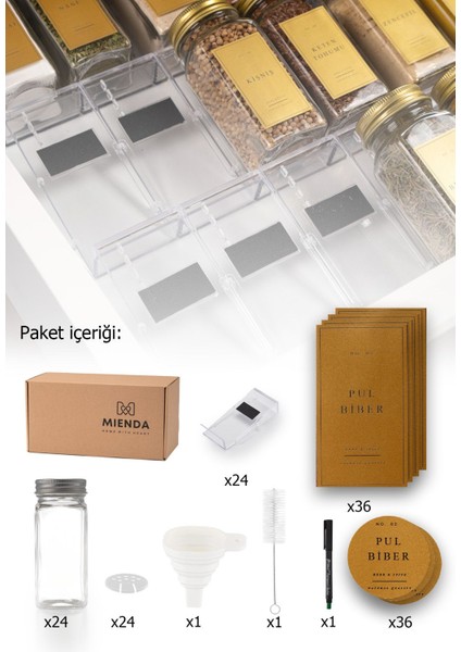 24'lü Şeffaf Pleksi Baharatlık Seti, Gold Etiketli, Huni, Fırça ve Kalem Hediyeli