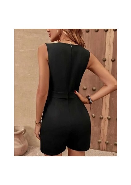 V Yaka Şık Kolsuz Cep Detaylı Şortlu Tulum