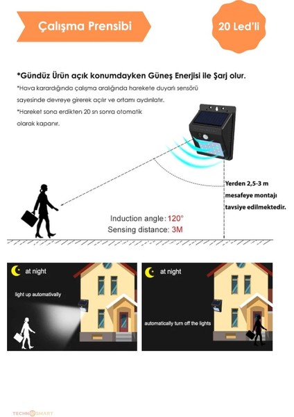 20 Ledli Hareket Sensörlü Aplik Güneş Enerjili Şarj Olabilen Bahçe Aydınlatma Lambası Dışmekan
