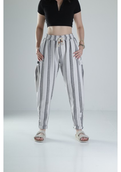 Çizgili Desenli Keten Hazer Pantolon