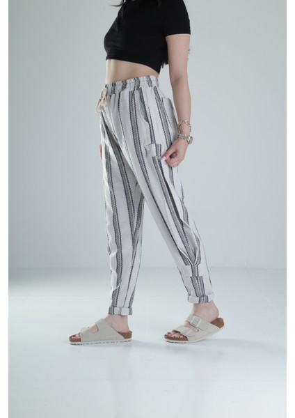 Çizgili Desenli Keten Hazer Pantolon modelleri