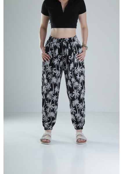 Siyah Palmiye Desenli Pileli Jogger