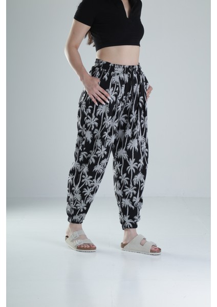 Siyah Palmiye Desenli Pileli Jogger fiyatları