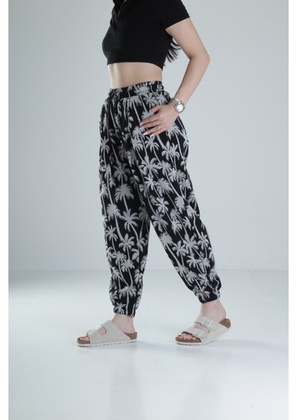 Siyah Palmiye Desenli Pileli Jogger modelleri