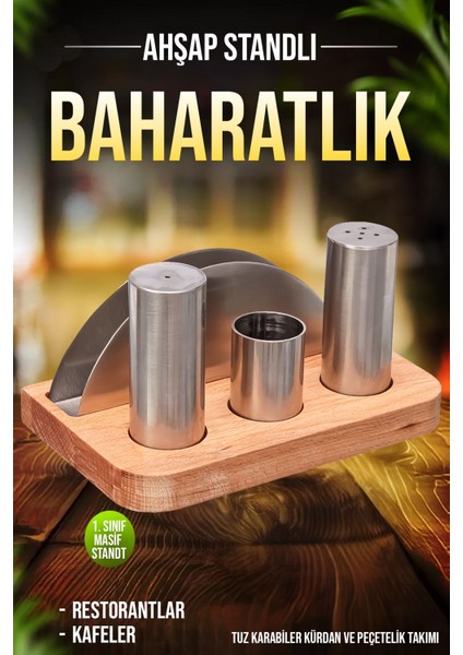 Ahşap 4'lü Tuzluk ve Baharatlık Seti, Şık ve Dayanıklı, Standlı Menaj Seti