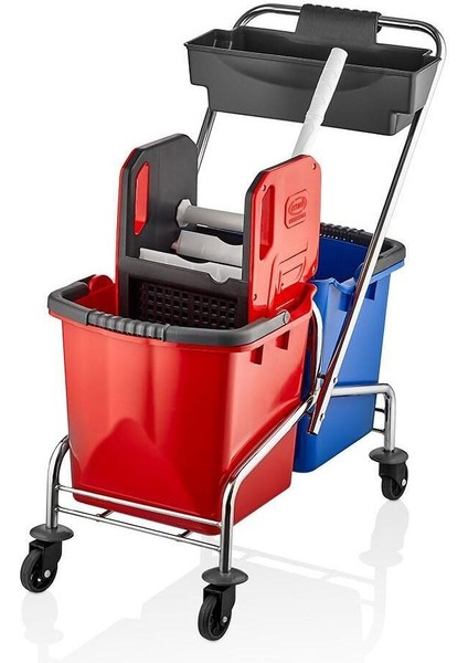 Çift Kovalı Temizlik Seti, Krom ve Plastik Kat Arabası, Pratik ve Dayanıklı Set