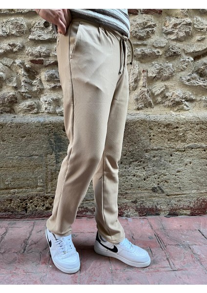 Regular Fit Krem Kumaş Pantolon Erkek