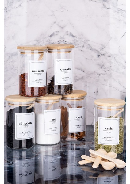 12'li bambu vakum kapaklı baharat seti, 250 ml, etiketli, doğal ve şık tasarım