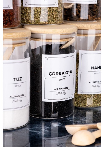 12'li bambu vakum kapaklı baharat seti, 250 ml, etiketli, doğal ve şık tasarım fiyatları