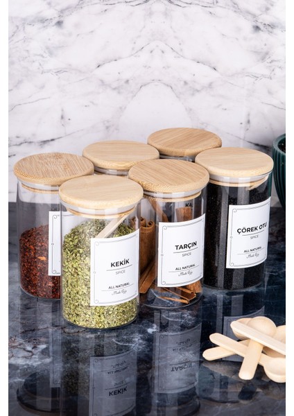 12'li bambu vakum kapaklı baharat seti, 250 ml, etiketli, doğal ve şık tasarım modelleri