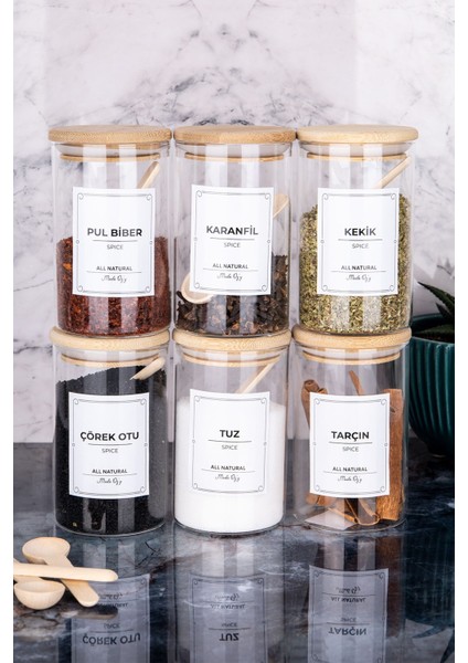 12'li bambu vakum kapaklı baharat seti, 250 ml, etiketli, doğal ve şık tasarım fırsatları