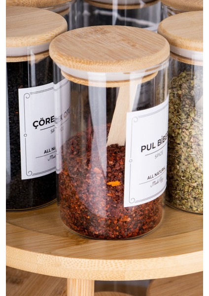 12'li bambu vakum kapaklı baharat seti, 250 ml, etiketli, doğal ve şık tasarım indirimleri
