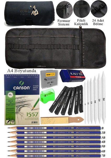 A4 Telli Eskiz Defteri Canson 1557 Kömür Kalem Karakalem Rulo Kalemlik Siyah 24 Bölmeli Dereceli Kalem Gölgeleme Dağıtma