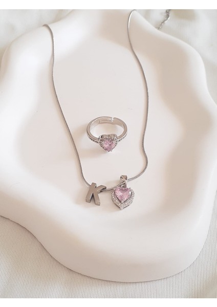 Çelik K Harfli Pembe Kalpli Kolye&yüzük Seti
