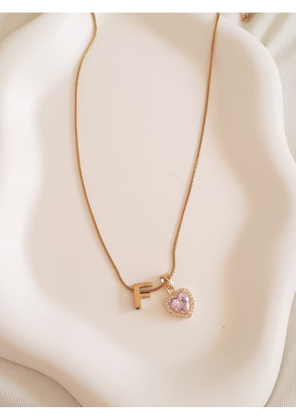 Gold Pembe Kalpli F Harfli Çelik Kolye