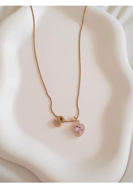 Gold Pembe Kalpli S Harfli Çelik Kolye