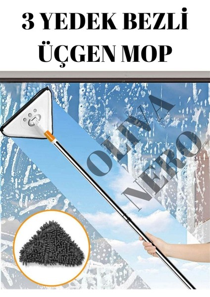 3 Bezli Vip Üçgen Mop Cam Duvar Tavan Fayans Parke Temizleyici Teleskopik Sap Tablet Mop